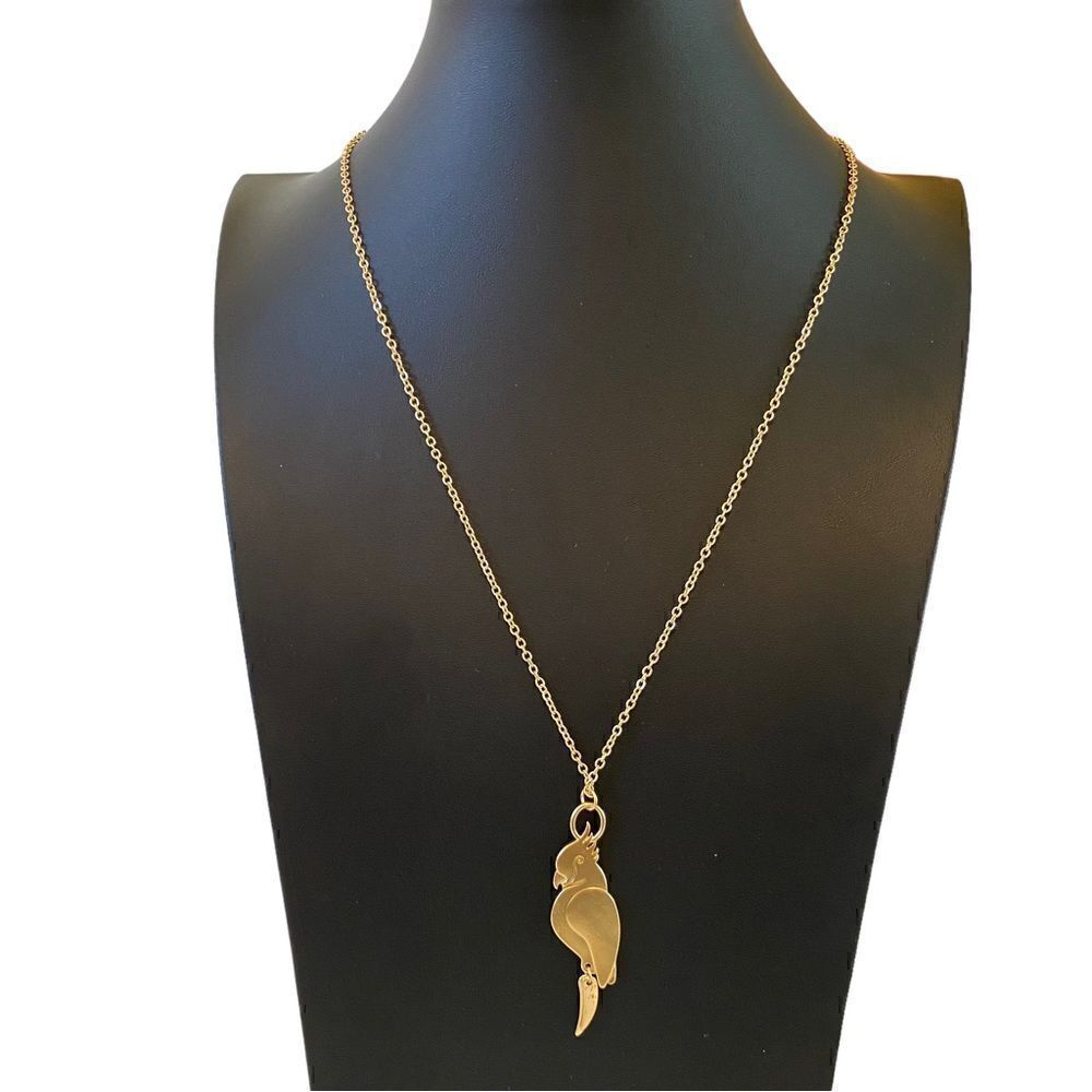 Tropical Bird Pendant on Extra Long Gold Toned Chain.